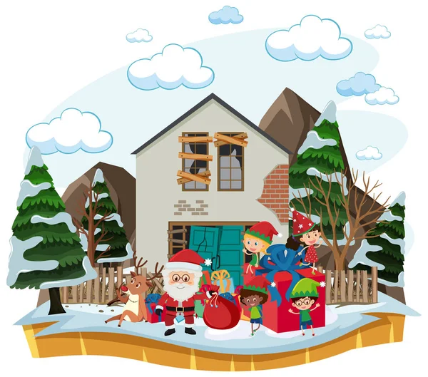 Papai Noel Dando Presente Para Crianças Ilustração — Vetor de Stock