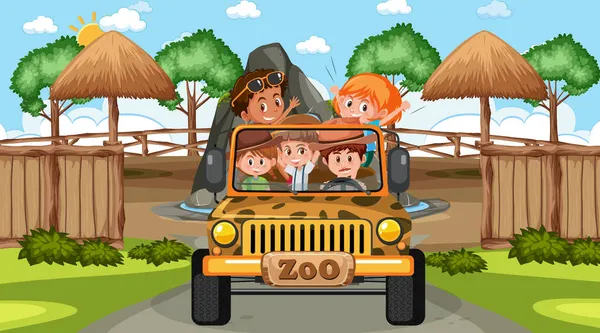 Zoológico Cena Dia Com Muitas Crianças Carro Jipe Ilustração — Vetor de Stock