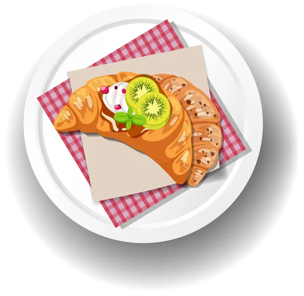 Pequeno Almoço Croissant Sanduíche Com Kiwi Frutas Ilustração — Vetor de Stock