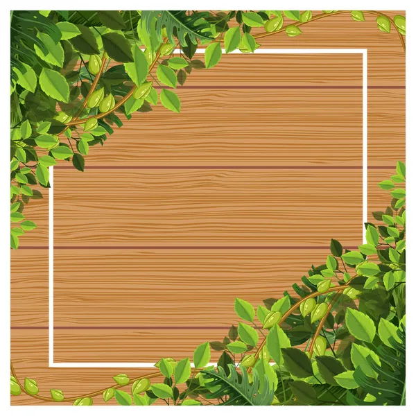 Quadrato Bordo Legno Con Foglie Verdi Tropicali Illustrazione — Vettoriale Stock