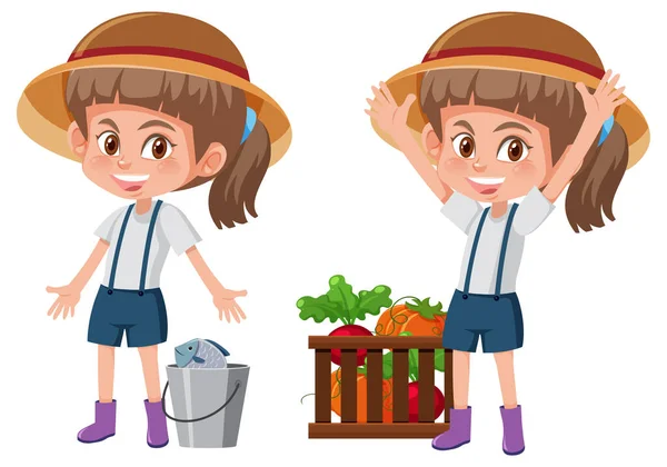 Conjunto Uma Menina Personagem Desenho Animado Com Diferentes Poses Ilustração —  Vetores de Stock