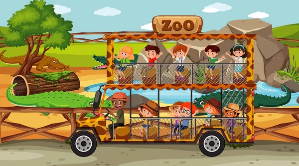 Safari Escena Diurna Con Niños Coche Turístico Ilustración — Archivo Imágenes Vectoriales