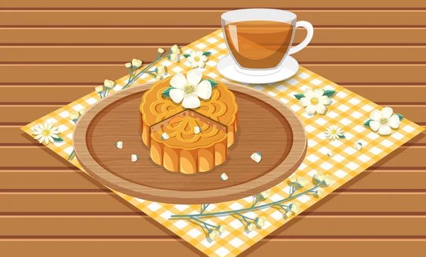 木のテーブルイラストにティーアップがセットされたムーンケーキ — ストックベクタ
