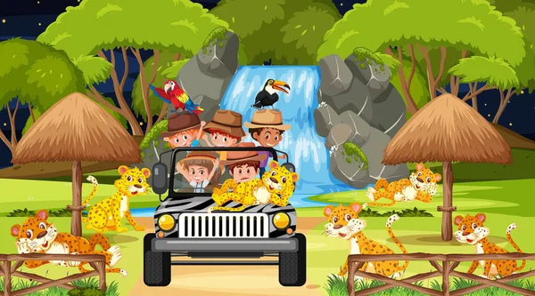 Lampart Grupa Safari Scena Dziećmi Turystycznej Ilustracji Samochodu — Wektor stockowy