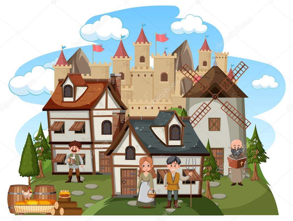 Medieval village with villagers on white background illustration
