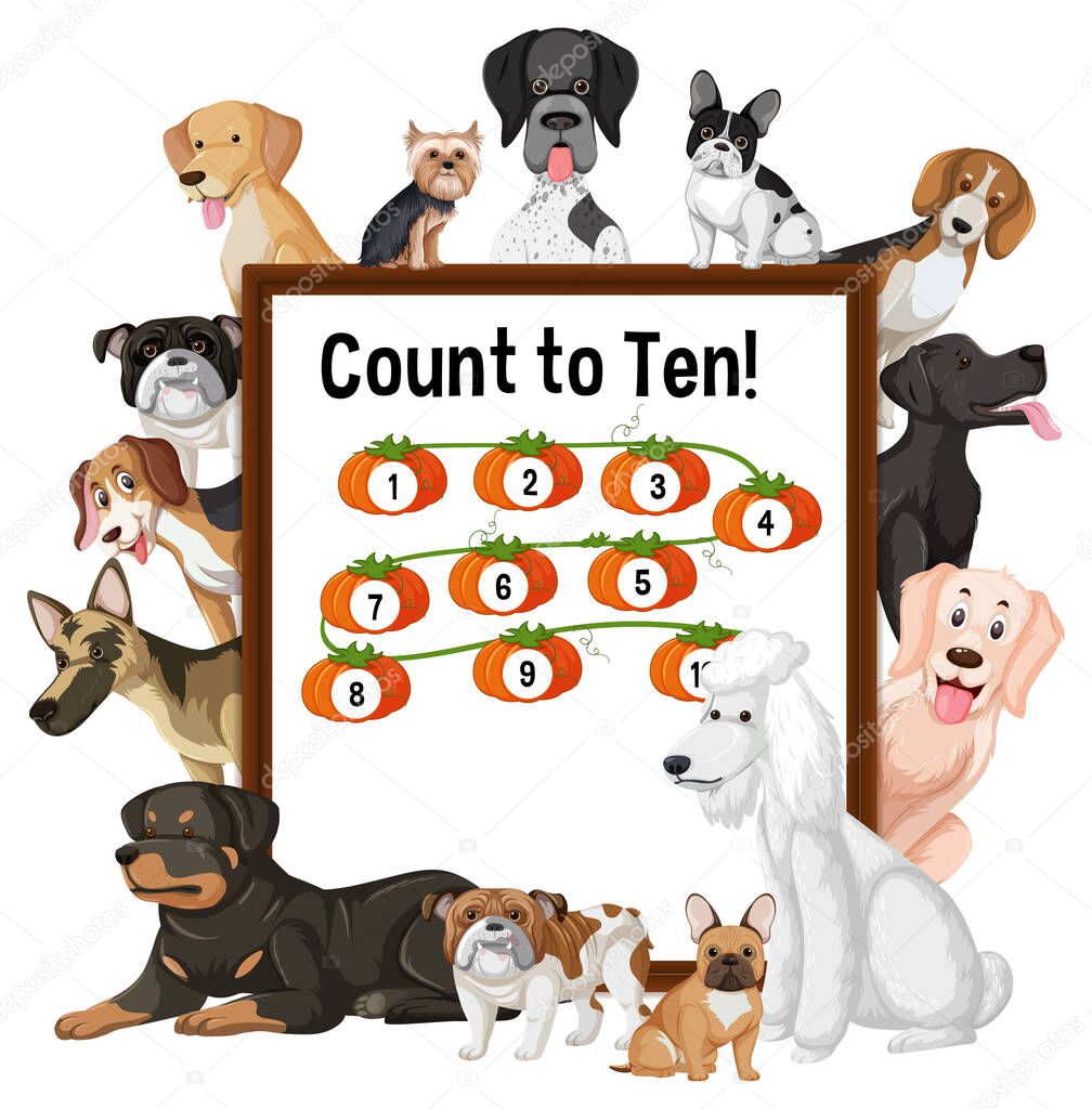 Count to Ten board with many different types of dogs illustration