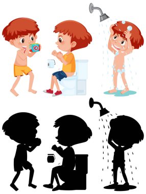 Bir erkek çizgi film karakteri silüeti ile farklı pozisyonlarda