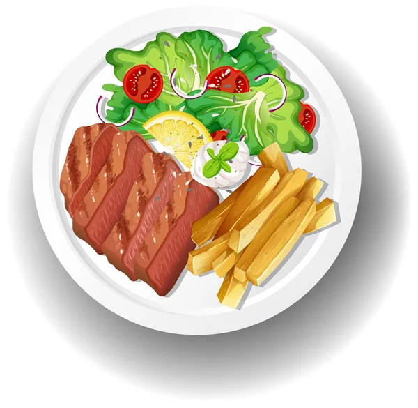 Gesundes Frühstück Mit Steak Und Pommes Frites Und Salat Illustration — Stockvektor