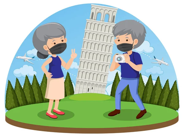 Covid 19パンデミックの図の間にローマを旅行する老夫婦 — ストックベクタ