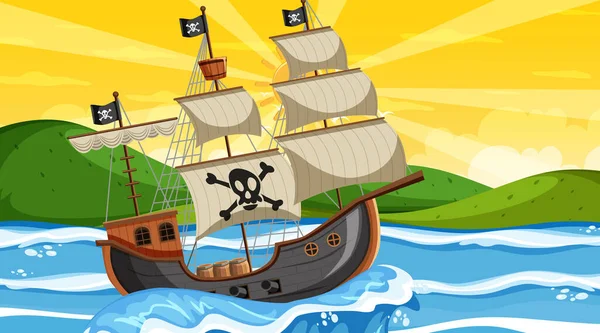 Océano Con Barco Pirata Atardecer Escena Ilustración Estilo Dibujos Animados — Archivo Imágenes Vectoriales