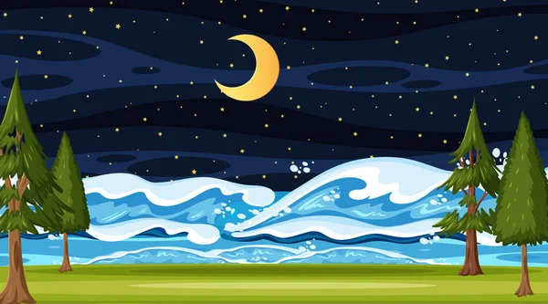 Strandlandschaft Bei Nacht Szene Mit Meereswelle Illustration — Stockvektor