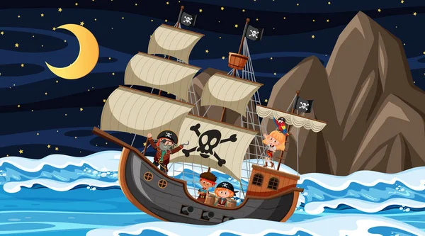 Ocean Pirate Ship Night Scene Cartoon Style Illustration — Stock Vector