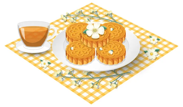 Högen Med Mooncakes Med Tekopp Som Bordsduk Illustration — Stock vektor