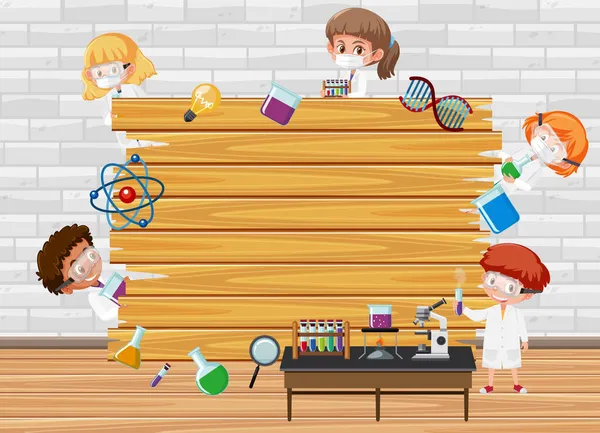 Empty Wooden Board Scientist Kids Cartoon Character Illustration — Stock Vector