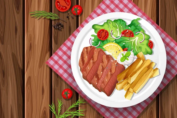 Horní Pohled Steak Ilustraci Stolu — Stockový vektor