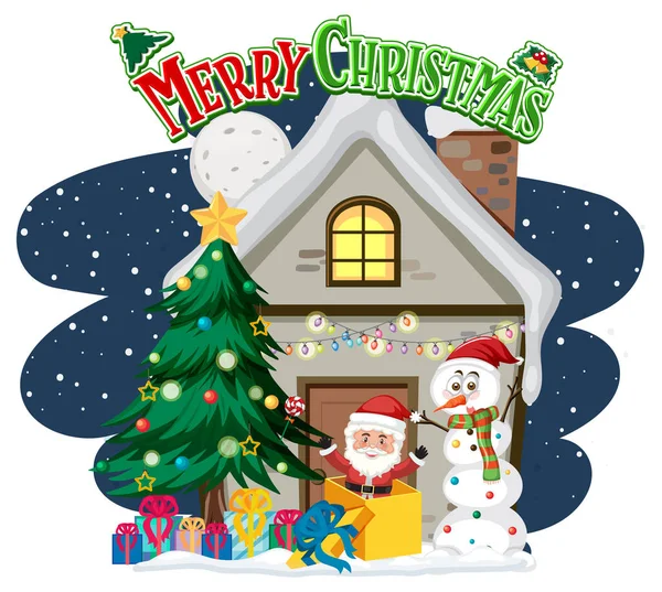Veselé Vánoce Text Logo Zimní Dům Dekorace Ilustrace — Stockový vektor