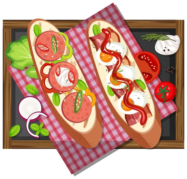 Bruschetta Met Plantaardige Ingrediënten Houten Dienblad Geïsoleerde Illustratie — Stockvector