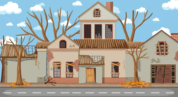 Abandonar Ciudad Rutal Vacía Con Ilustración Fondo Casa Rota Vieja — Archivo Imágenes Vectoriales