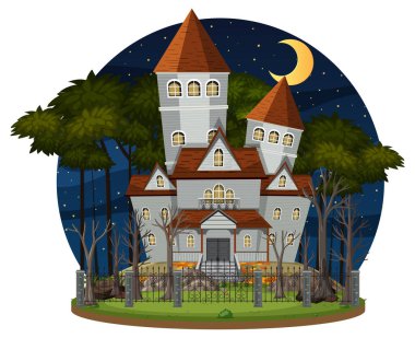 Gece vakti hayaletli ev illüstrasyonu
