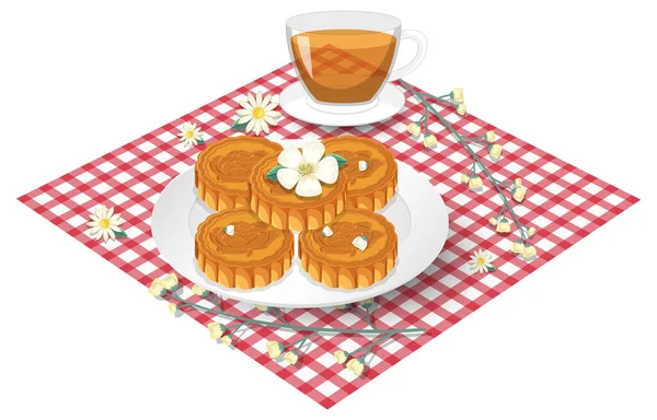 Montón Tartas Luna Con Taza Ilustración Mantel — Archivo Imágenes Vectoriales