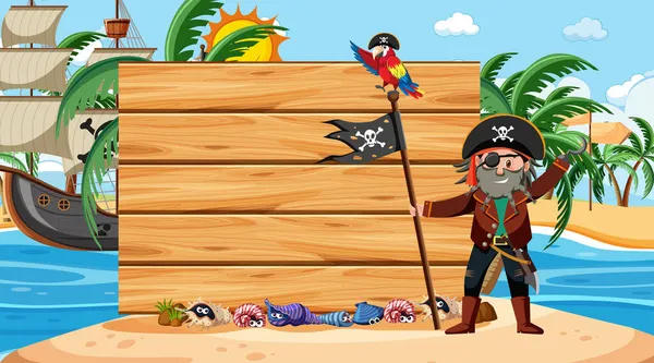 Capitão Pirata Praia Cena Diurna Com Banner Madeira Vazio Modelo — Vetor de Stock