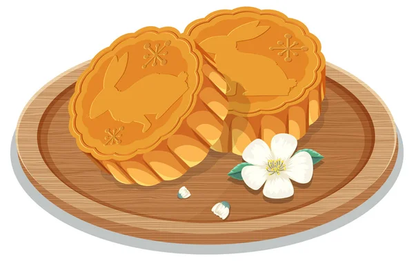 Mooncakes Coelho Ilustração Placa Madeira — Vetor de Stock