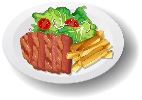 Petit Déjeuner Sain Avec Steak Illustration Frite Salade — Image vectorielle