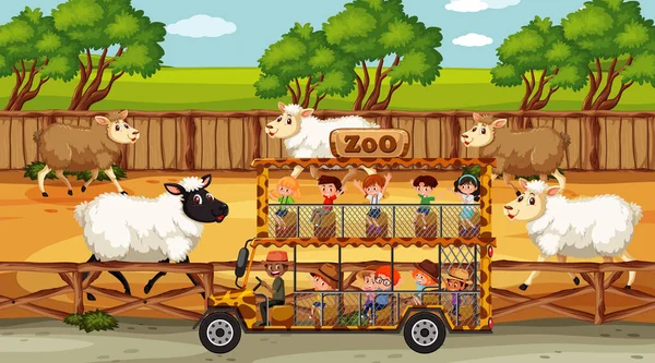 Scènes Safari Avec Nombreux Moutons Enfants Illustration Personnage Dessin Animé — Image vectorielle