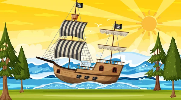 Ozean Mit Piratenschiff Bei Sonnenuntergang Szene Cartoon Stil Illustration — Stockvektor
