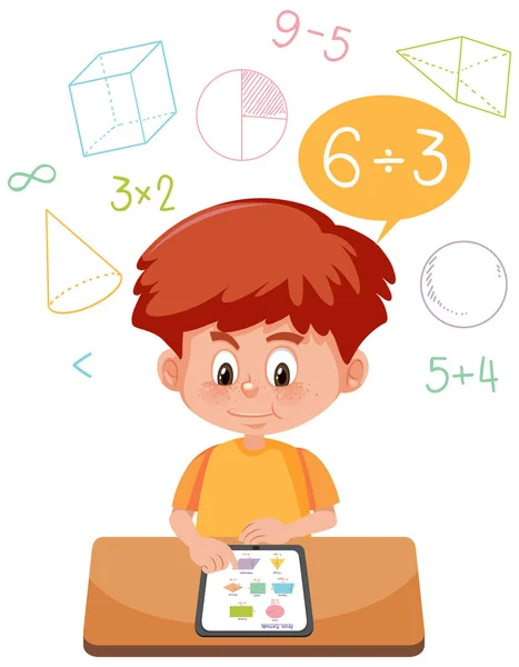 Junge Lernt Mathe Mit Tablet Illustration — Stockvektor