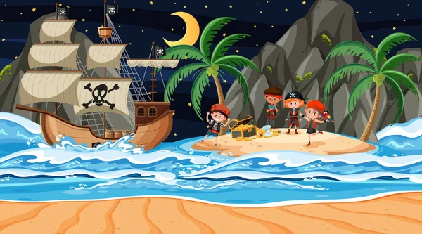 Skattkammarön Scen Natten Med Pirate Kids Illustration — Stock vektor