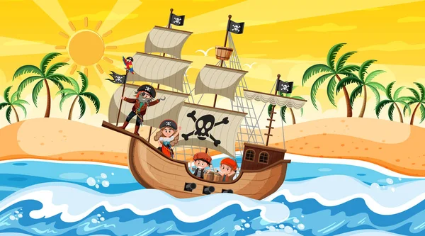 Beach Sunset Time Scene Pirate Kids Cartoon Character Ship Illustration — Stock Vector