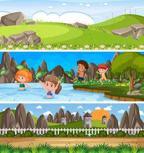 Verschillende Panoramische Natuur Landschap Set Met Cartoon Karakter Illustratie — Stockvector