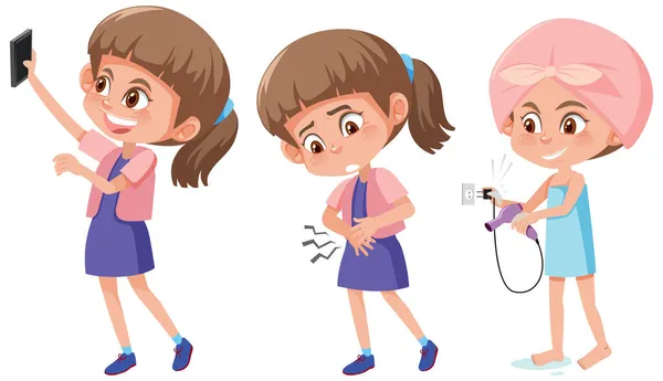 Set Girl Cartoon Character Doing Different Activities Illustration — Stock Vector