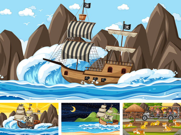 Set of different scenes with pirate ship at the sea and animals in the zoo  illustration