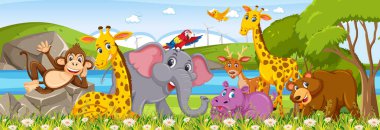 Orman illüstrasyonunda çeşitli vahşi hayvanlarla panorama manzarası