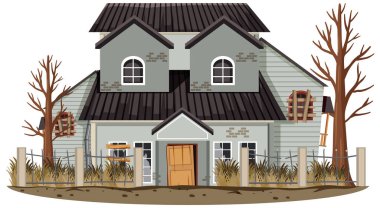 Beyaz arkaplanda terk edilmiş bir ev