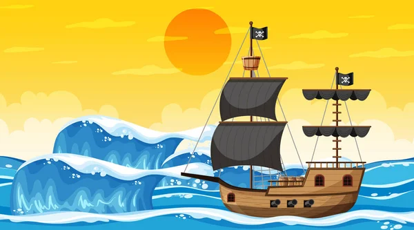 Ocean Med Piratskepp Vid Solnedgången Scen Tecknad Stil Illustration — Stock vektor