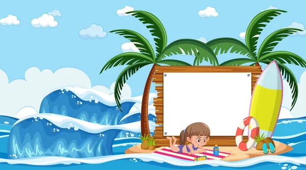 Leere Banner Vorlage Mit Kindern Urlaub Strand Tagsüber Szene Illustration — Stockvektor