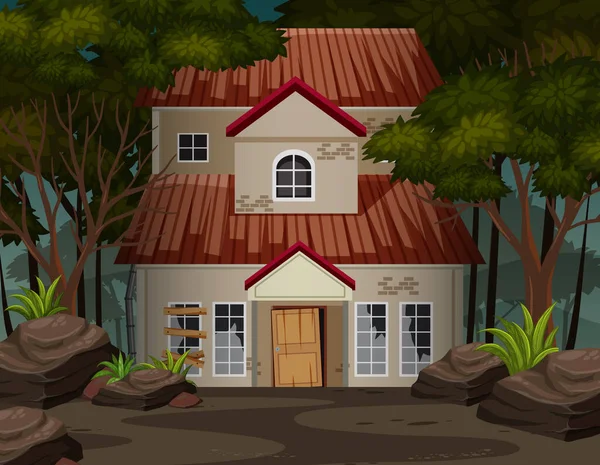 Escena Con Casa Abandonada Bosque Oscuro Ilustración — Vector de stock
