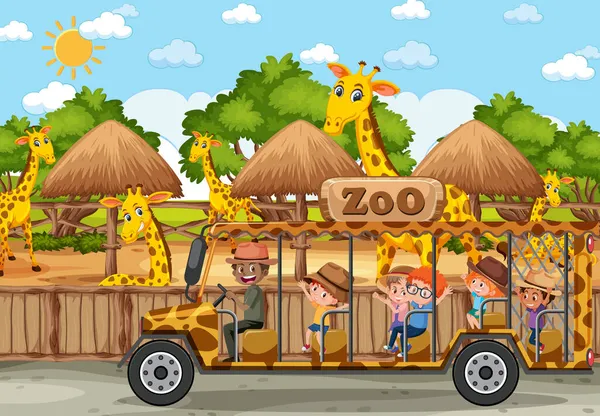 Bambini Macchina Turistica Guardando Gruppo Giraffe Nella Scena Dello Zoo — Vettoriale Stock