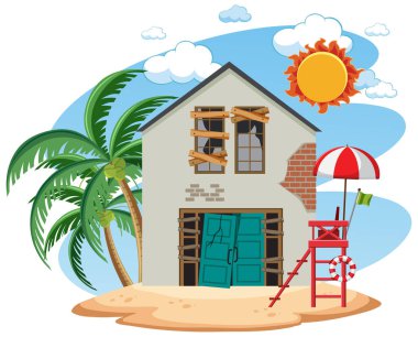 Ada illüstrasyonunda eski terk edilmiş bina