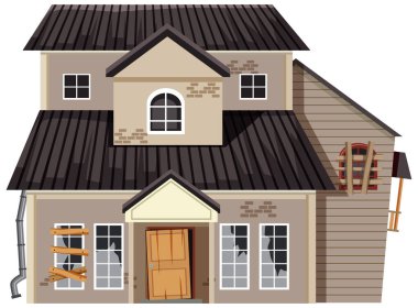 Beyaz arkaplanda terk edilmiş bir ev