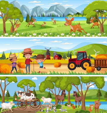 Çizgi film karakteri illüstrasyonuyla gündüz sahnesinde farklı doğa manzarası