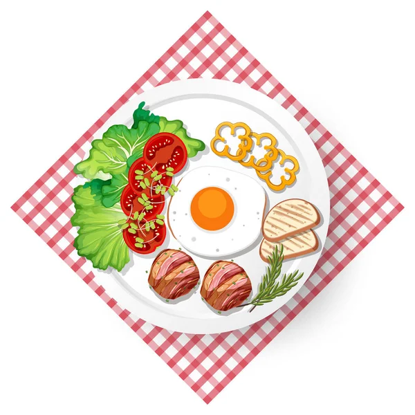 Sarapan Sehat Dengan Sayuran Dan Telur Goreng Dan Ilustrasi Daging - Stok Vektor