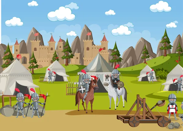 Wojskowy Obóz Średniowieczny Namiotami Ilustracją Broni — Wektor stockowy