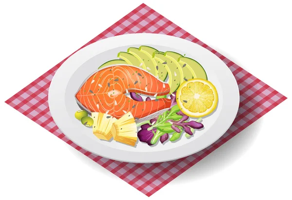 Repas Sain Avec Steak Saumon Sur Assiette Blanche Illustration — Image vectorielle