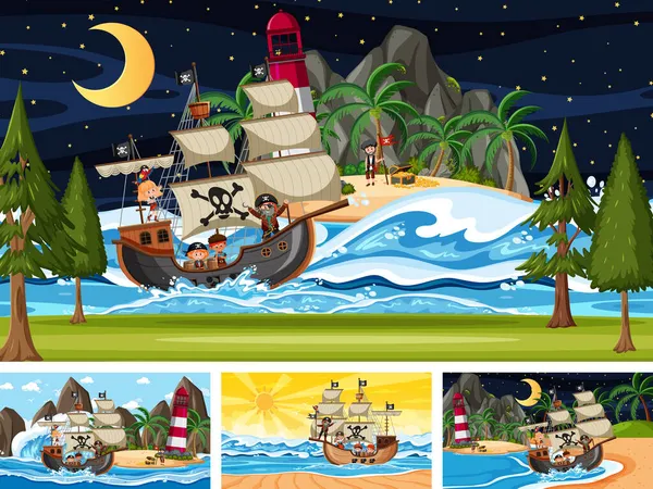 Conjunto Diferentes Cenas Praia Com Navio Pirata Ilustração Personagem Desenho — Vetor de Stock