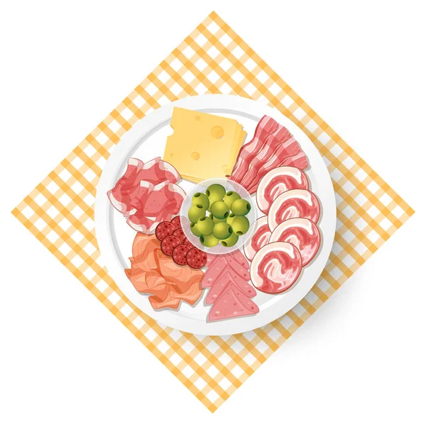 Lunchvlees Gezet Met Verschillende Vleeswaren Schotel Illustratie — Stockvector