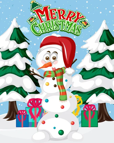 Veselý Vánoční Plakát Sněhulákem Vánoční Stromeček Ilustrace — Stockový vektor